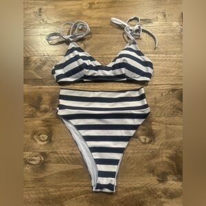 Aerie Navy and White High Cut Cheeky Bikini